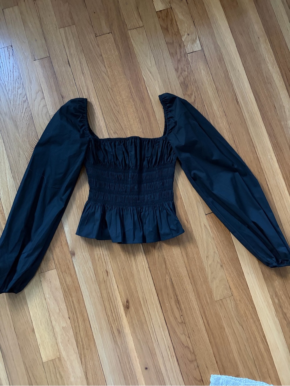 STAUD Black Smocked Peplum Puff Sleeve Top - Women